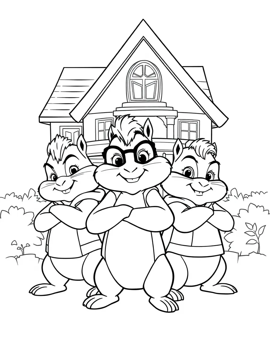 Alvin and the Chipmunks posing heroically, in front of their famous house or scene.