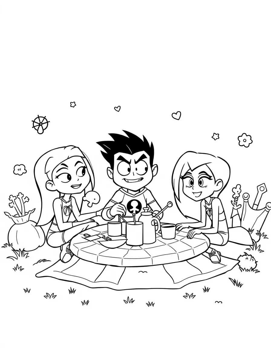 Teen Titans having a picnic, with fun background elements.