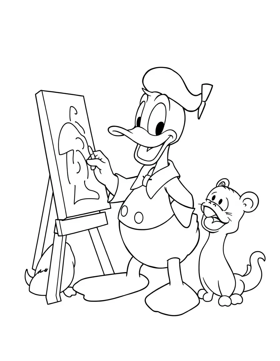 Donald Duck painting a picture, surrounded by friendly animals.