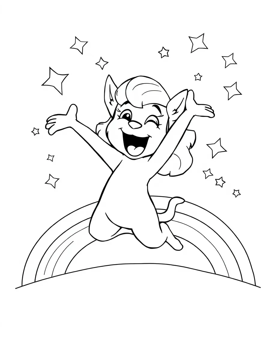 Velma jumping with joy, with stars and rainbows in the background.