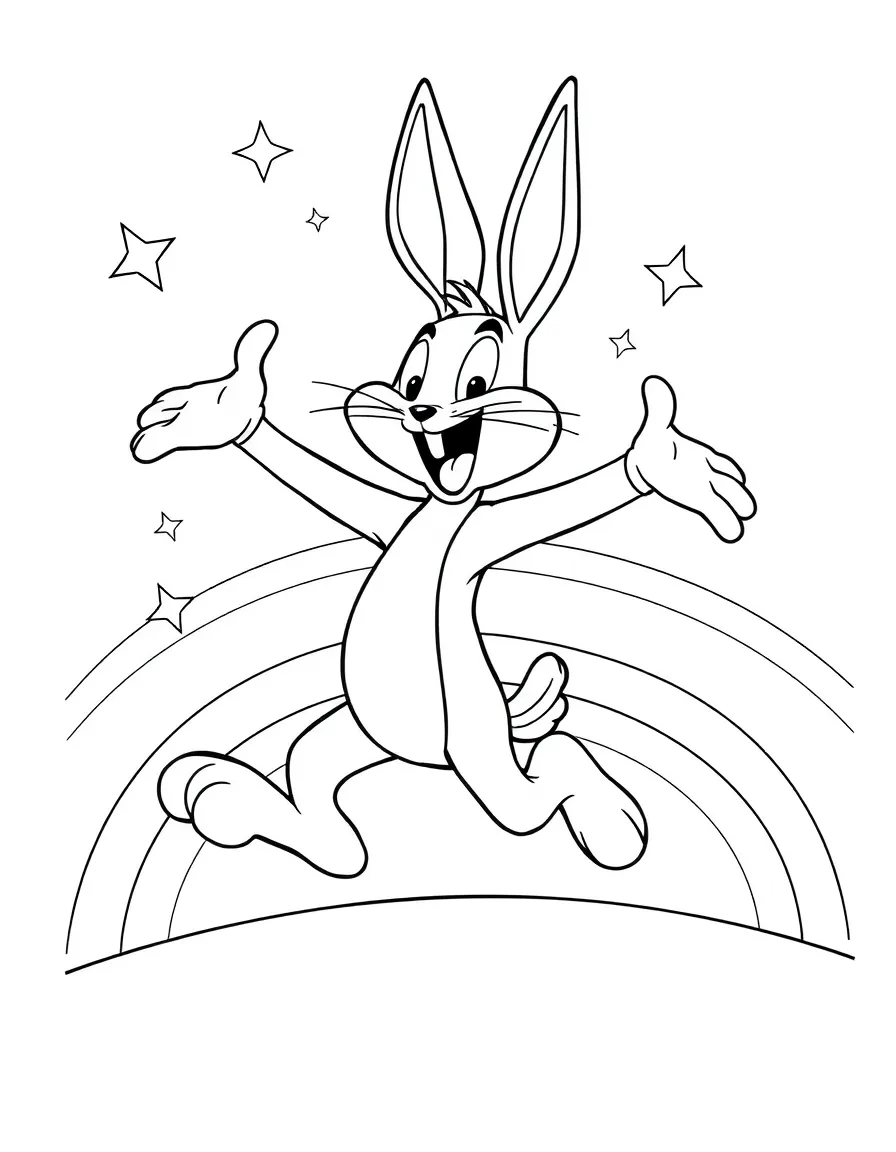 Bugs Bunny jumping with joy, with stars and rainbows in the background.