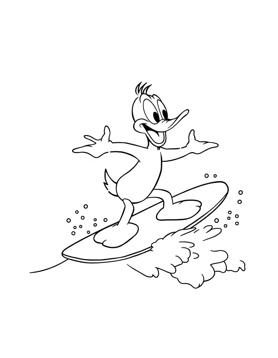 Daffy Duck surfing on waves, inside a comic book frame.