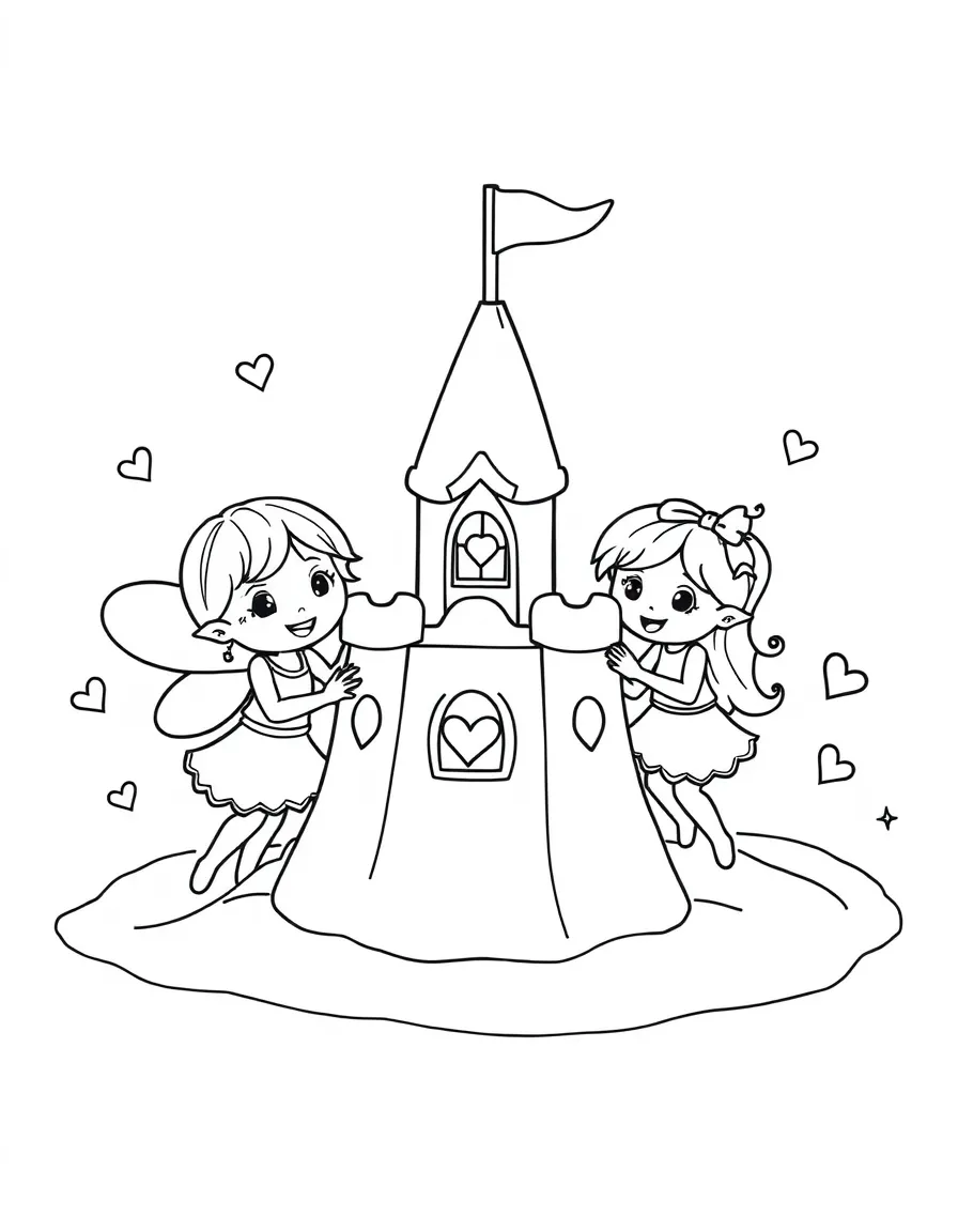 Fairly OddParents building a sandcastle, with hearts and sparkles around.