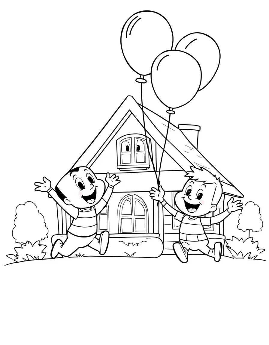 Ed, Edd n Eddy flying with balloons, in front of their famous house or scene.