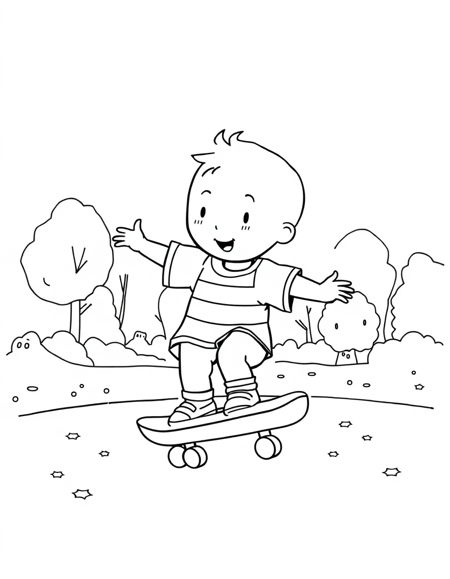 Caillou skateboarding in the park, with playful patterns around.