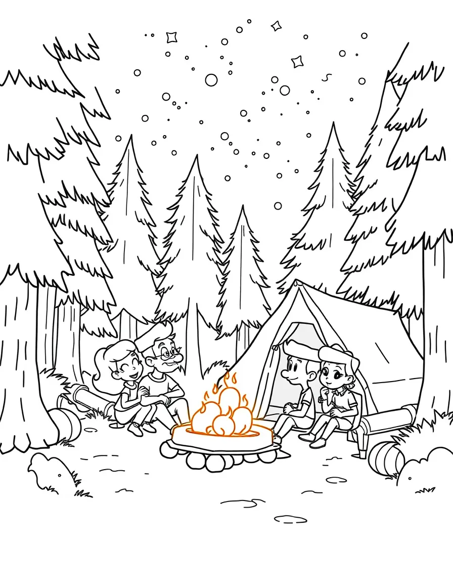 The Jetsons camping with friends, in a magical forest setting.