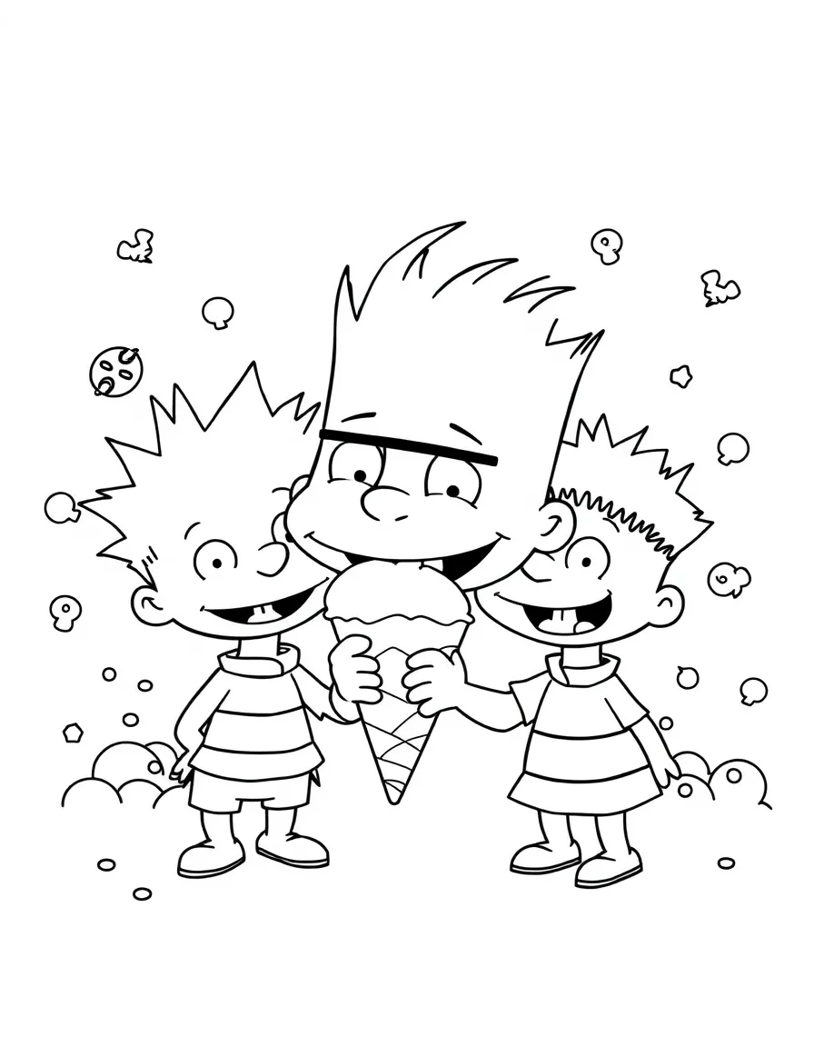 Rugrats enjoying an ice cream cone, with fun background elements.