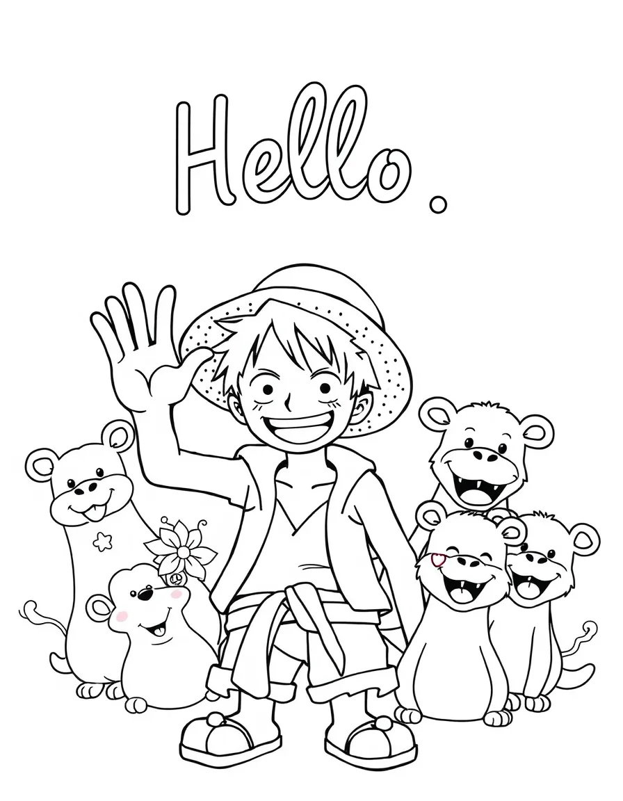 Luffy waving hello, surrounded by friendly animals.