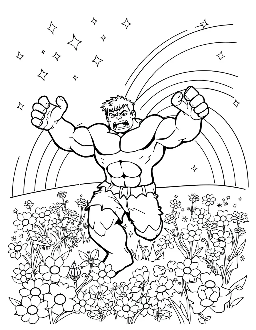 Hulk dancing in a field of flowers, with stars and rainbows in the background.