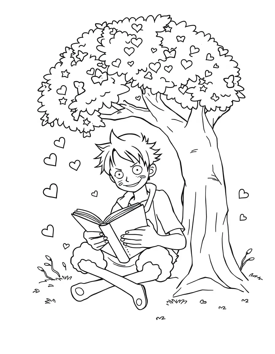 Luffy reading a book under a tree, with hearts and sparkles around.