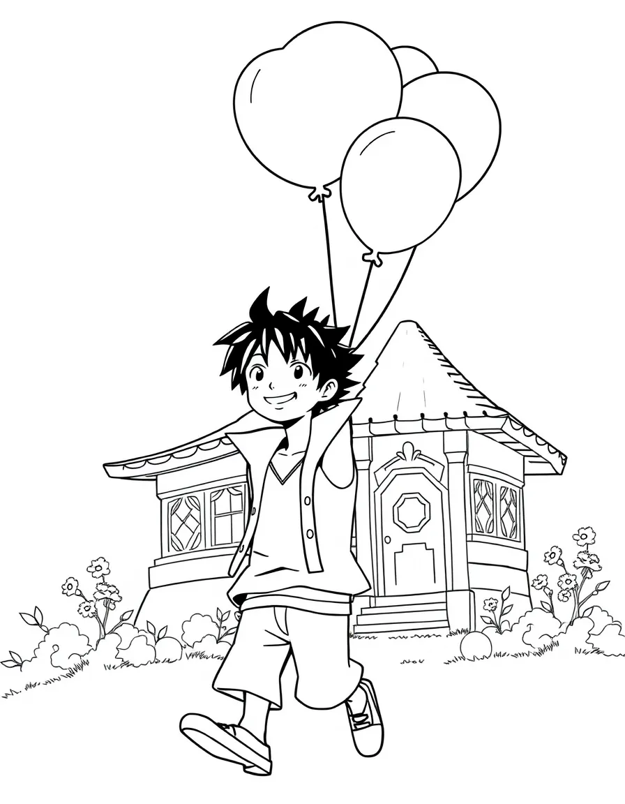 Sanji flying with balloons, in front of their famous house or scene.