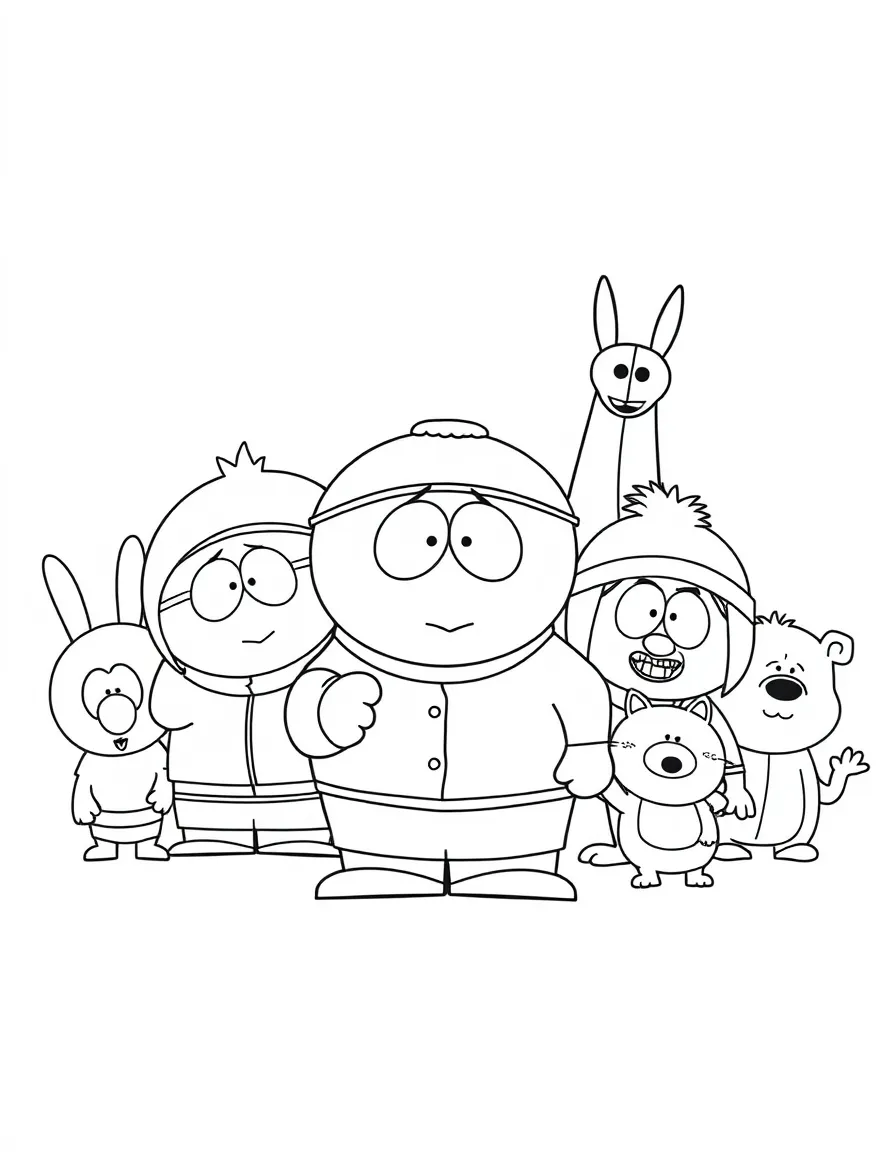 South Park posing heroically, surrounded by friendly animals.