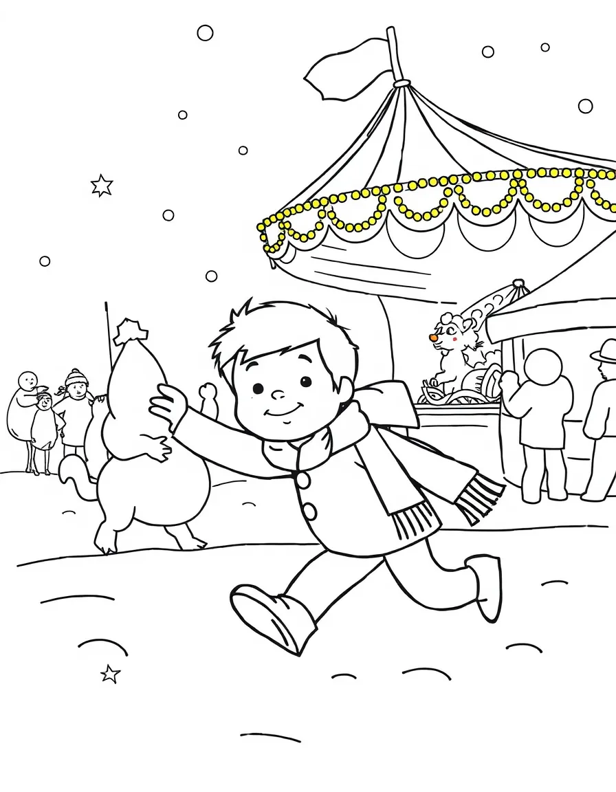 Fred playing in the snow, at a carnival with colorful decorations.