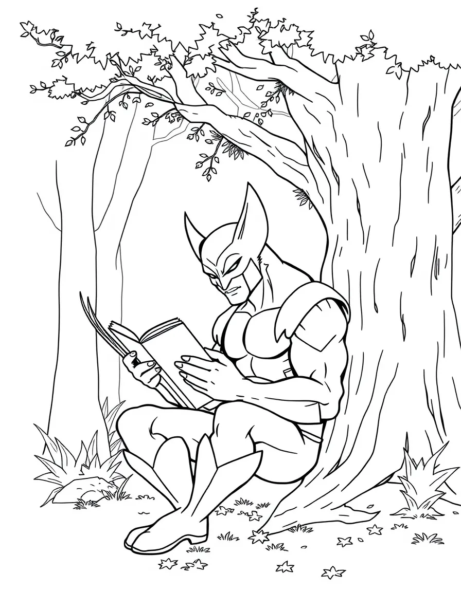 Wolverine reading a book under a tree, in a magical forest setting.