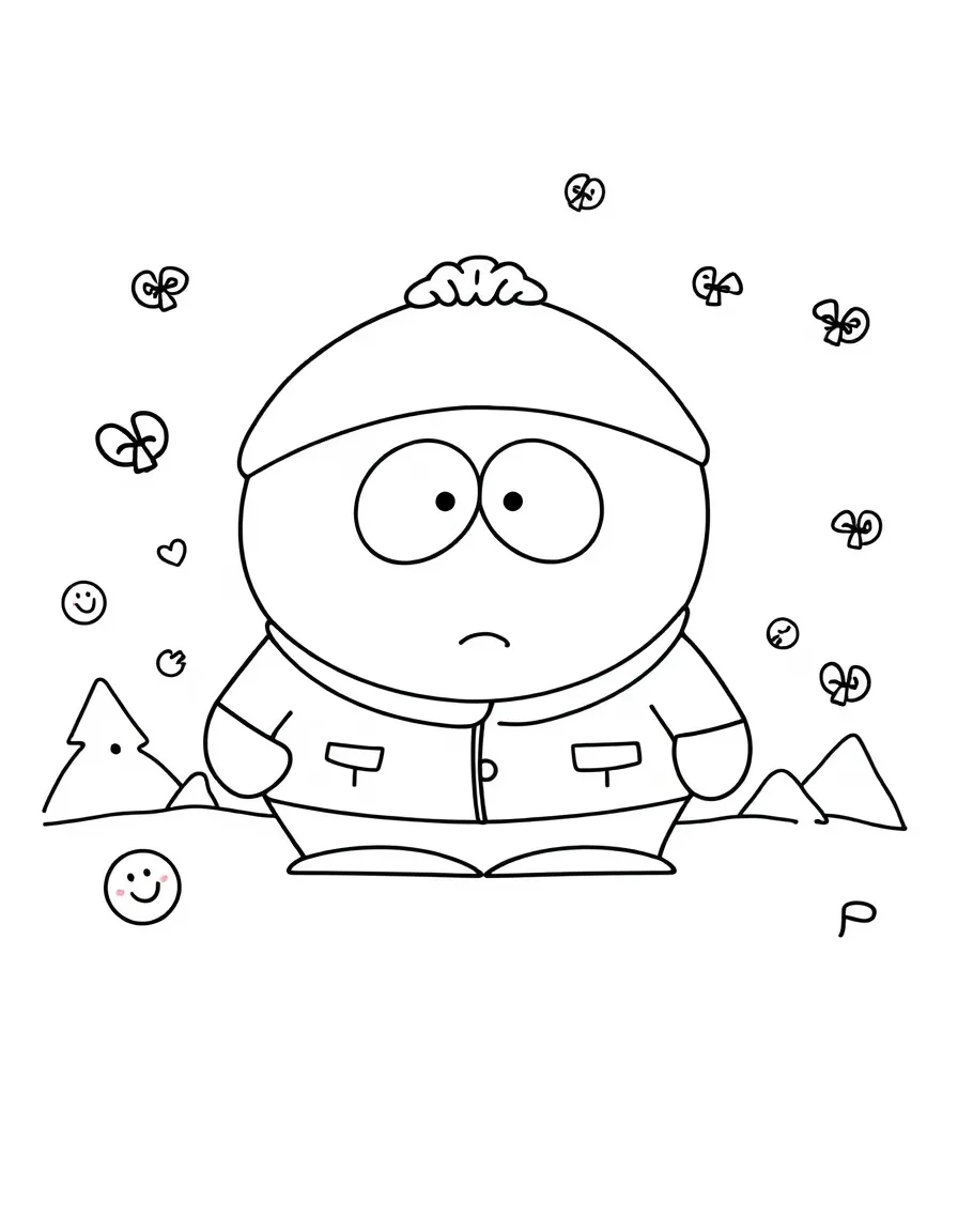 South Park painting a picture, with playful patterns around.