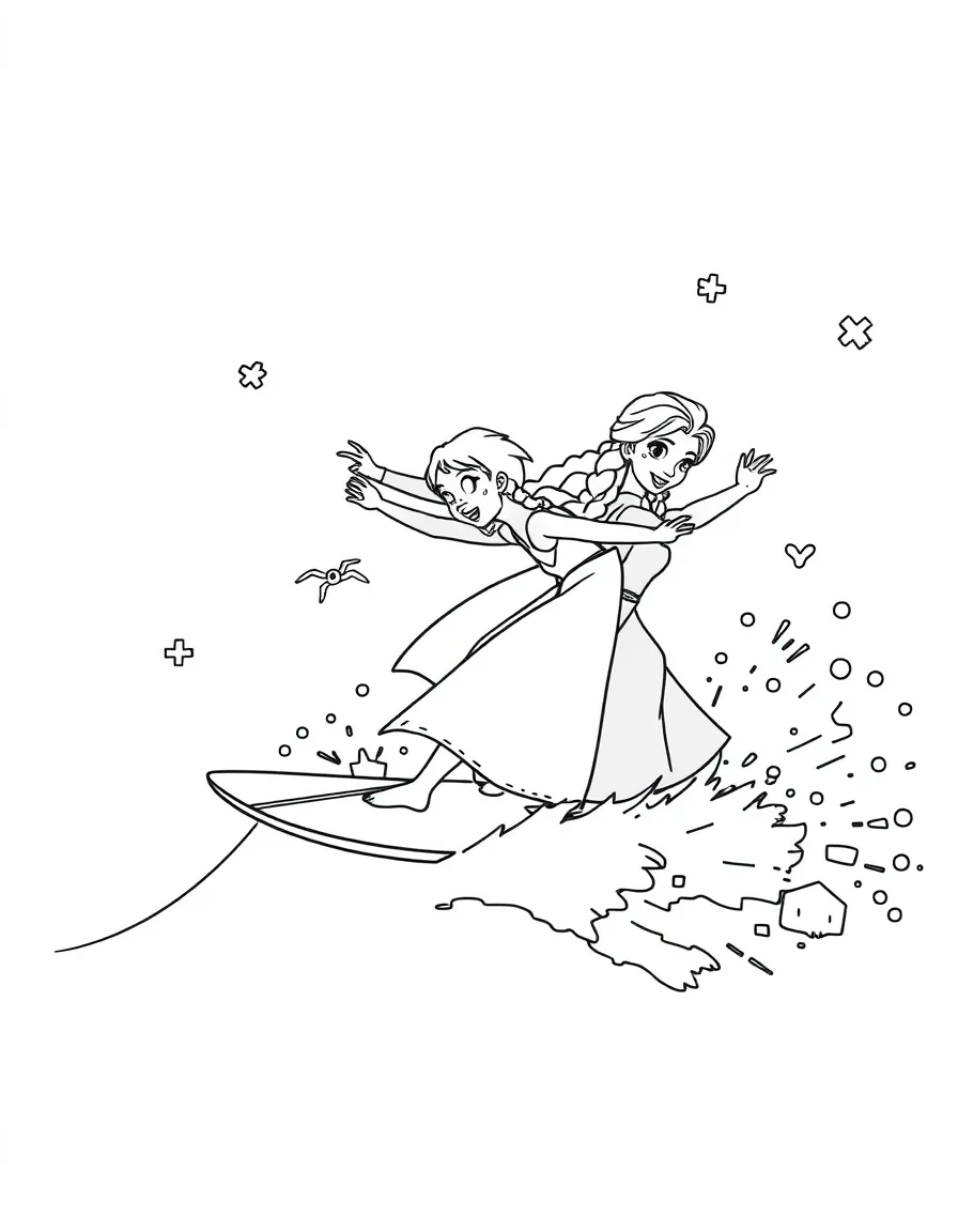 Frozen Characters surfing on waves, with fun background elements.