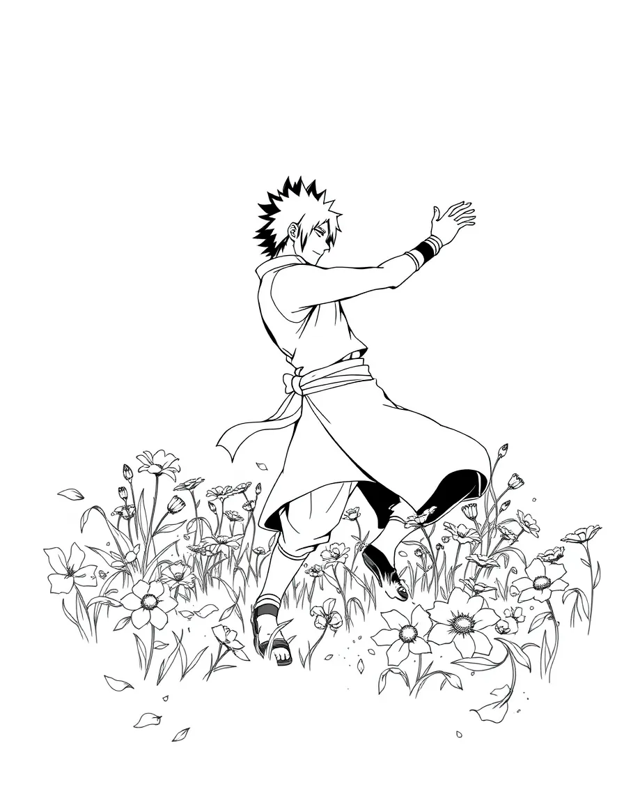 Sasuke dancing in a field of flowers, inside a comic book frame.