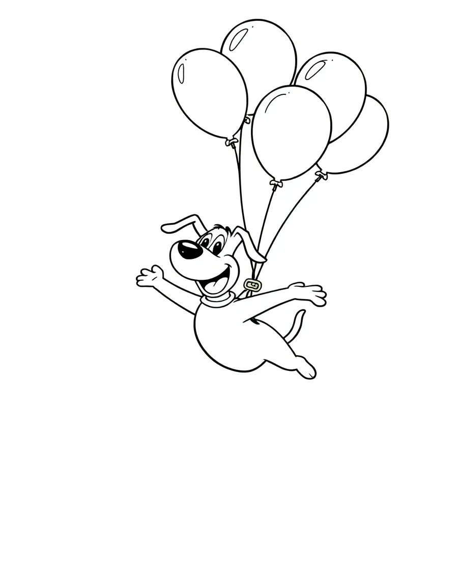 Courage the Cowardly Dog flying with balloons, inside a comic book frame.