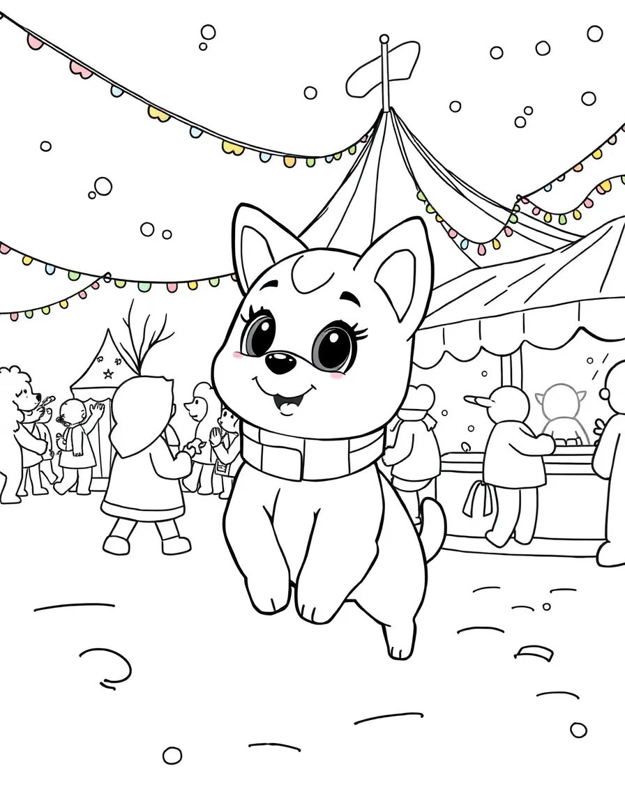 Nami playing in the snow, at a carnival with colorful decorations.