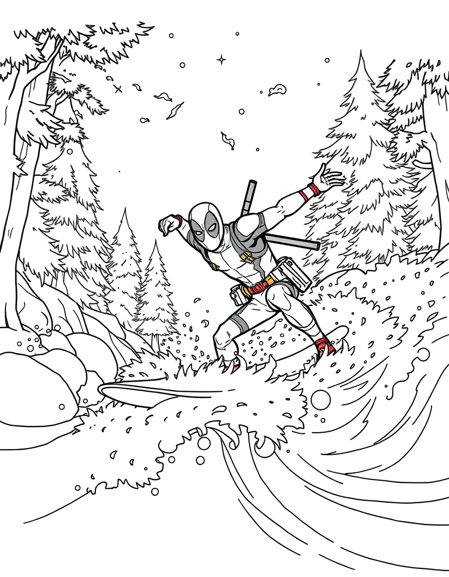 Deadpool surfing on waves, in a magical forest setting.