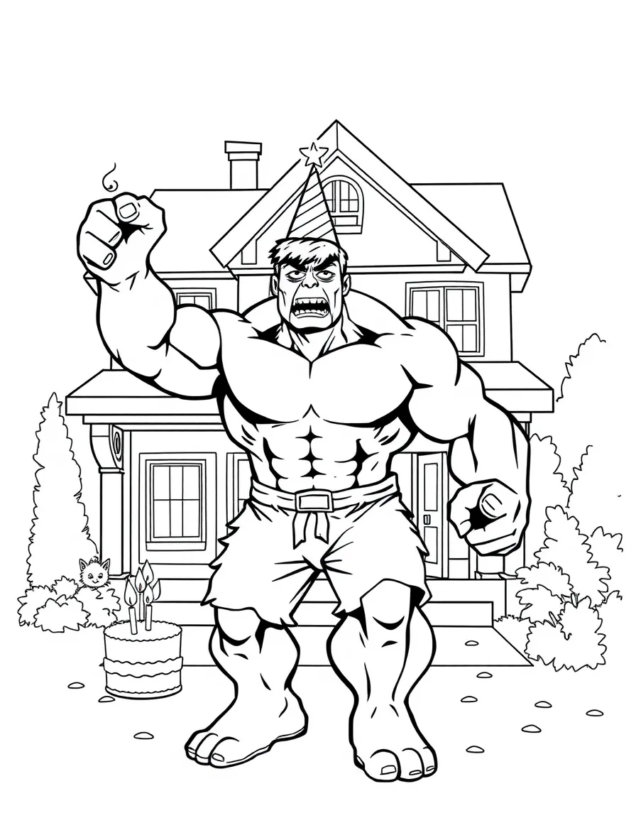 Hulk celebrating a birthday, in front of their famous house or scene.