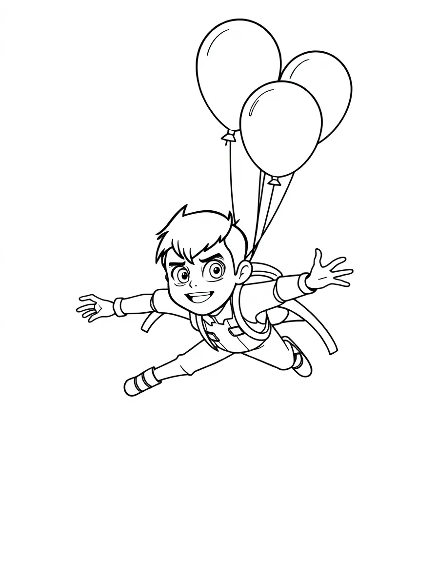 Ben 10 flying with balloons, with big bold outlines for easy coloring.