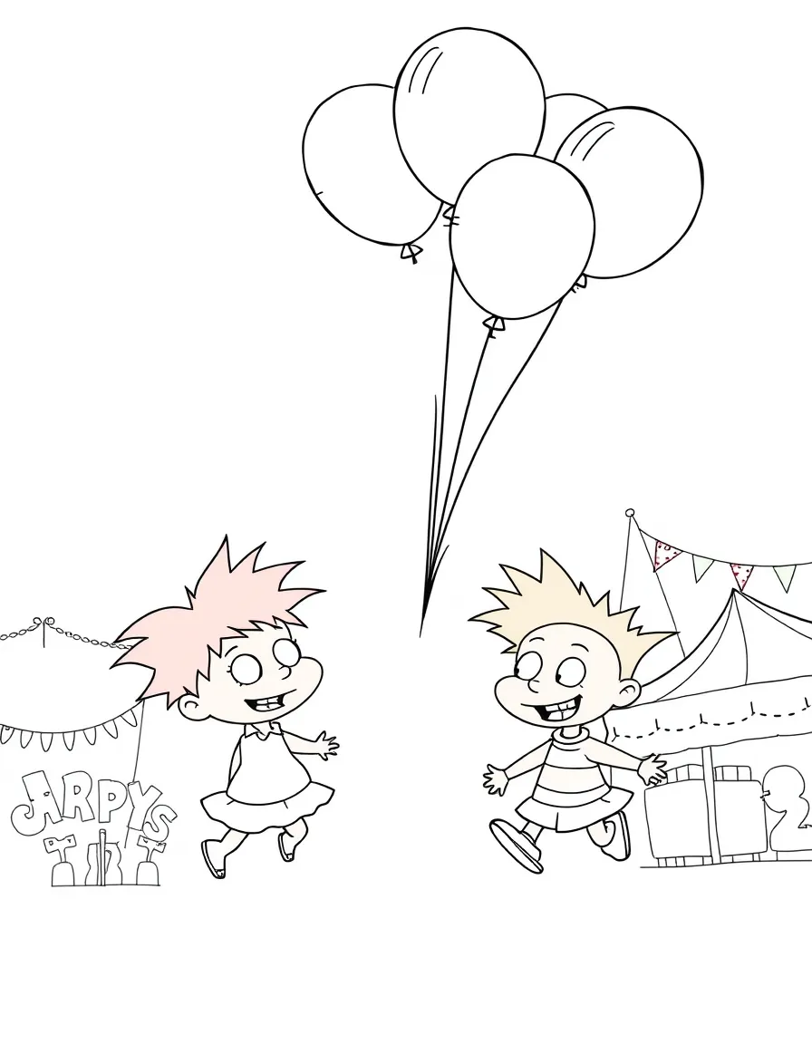 Rugrats flying with balloons, at a carnival with colorful decorations.