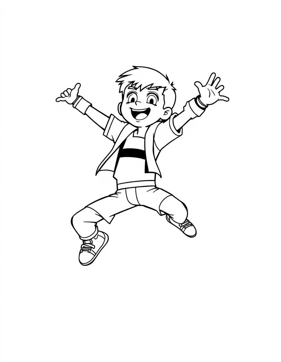 Ben 10 jumping with joy, inside a comic book frame.