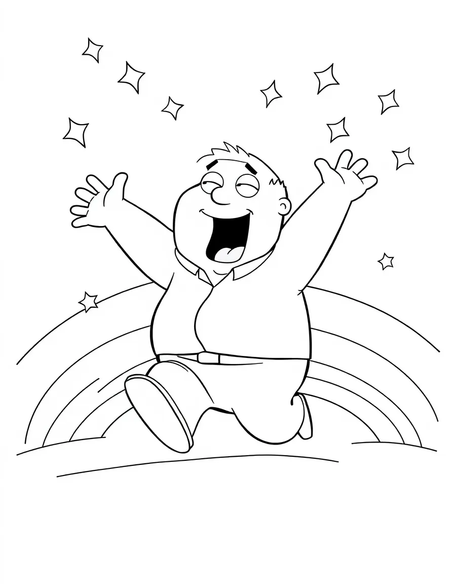 Family Guy jumping with joy, with stars and rainbows in the background.