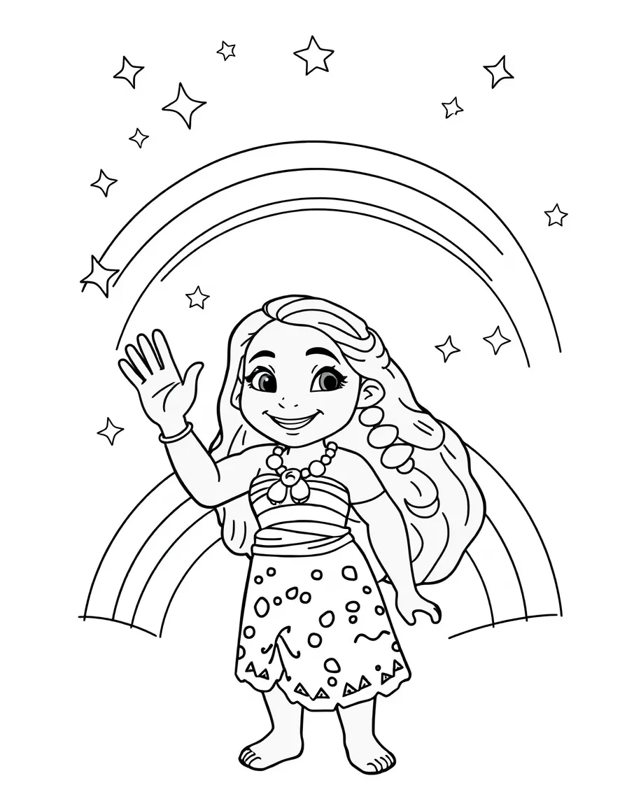 Moana waving hello, with stars and rainbows in the background.