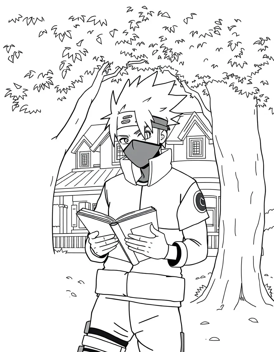 Kakashi reading a book under a tree, in front of their famous house or scene.