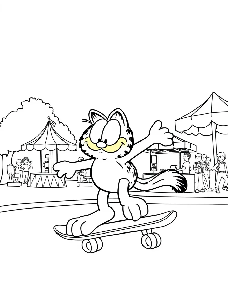 Garfield skateboarding in the park, at a carnival with colorful decorations.