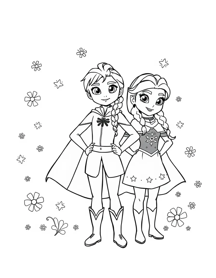 Frozen Characters wearing a superhero costume, with playful patterns around.