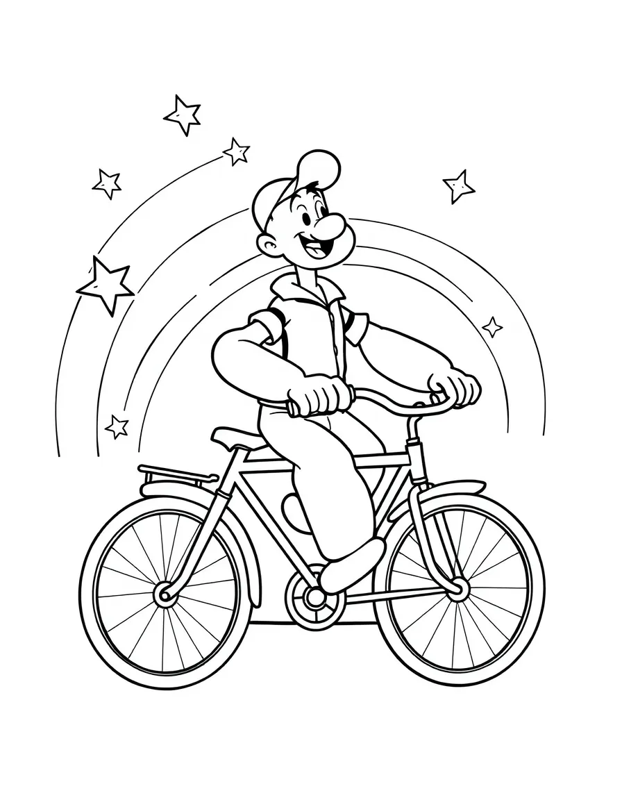 Popeye riding a bicycle, with stars and rainbows in the background.
