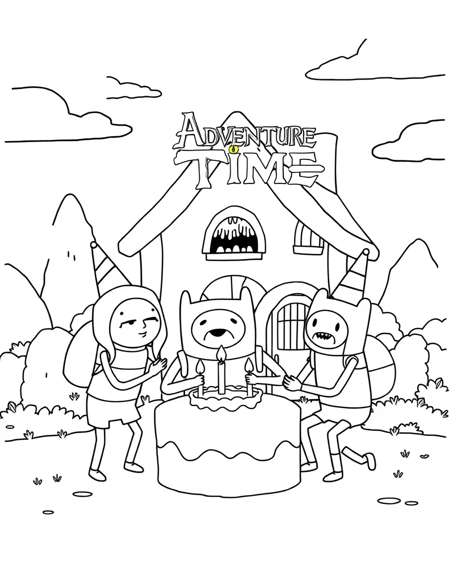 Adventure Time celebrating a birthday, in front of their famous house or scene.