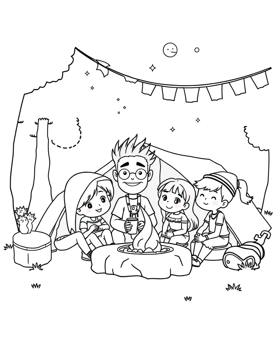 Zoro camping with friends, at a carnival with colorful decorations.