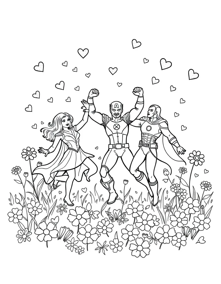 Avengers dancing in a field of flowers, with hearts and sparkles around.