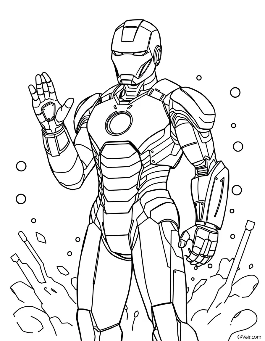 Iron Man painting a picture, with fun background elements.