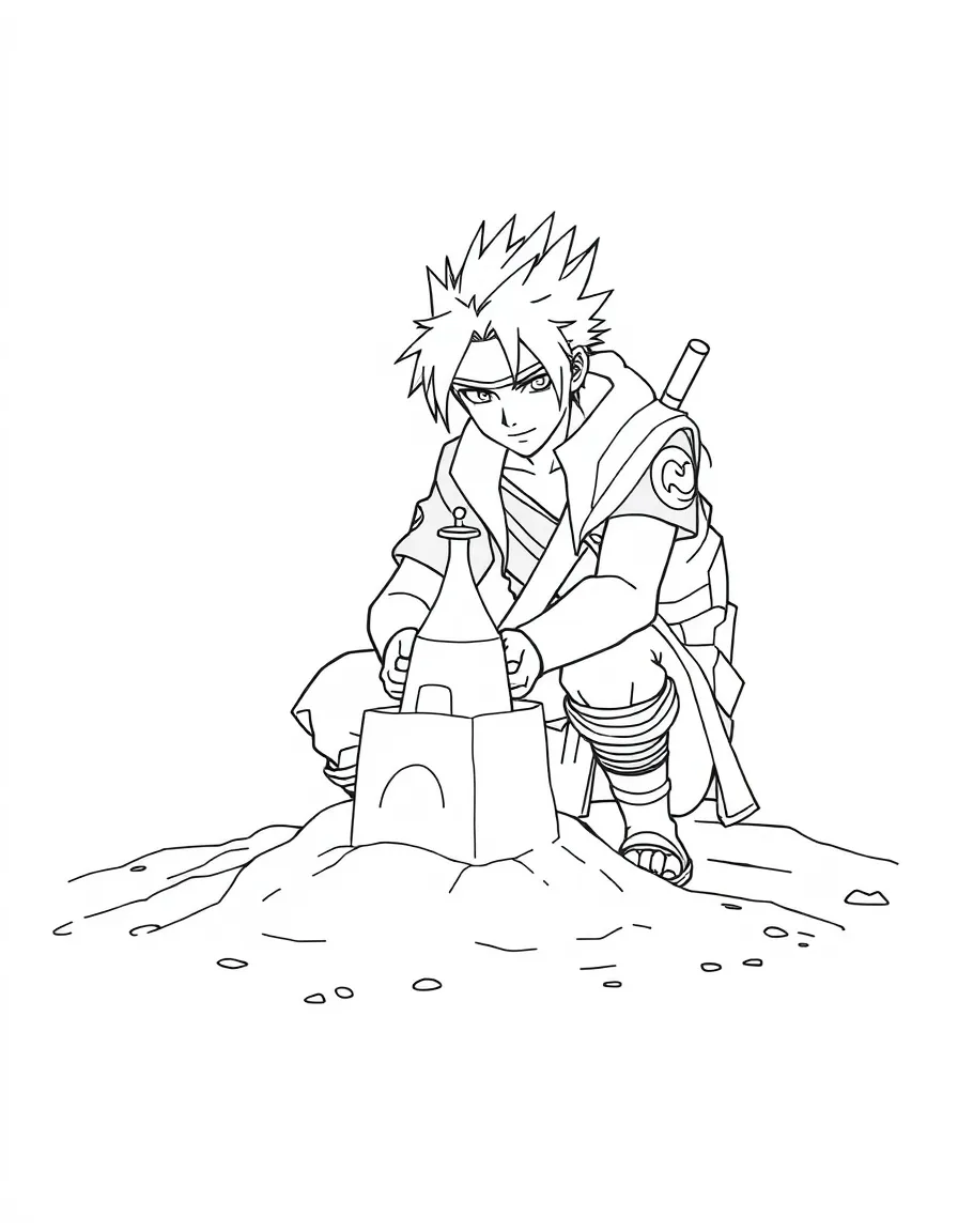 Sasuke building a sandcastle, inside a comic book frame.