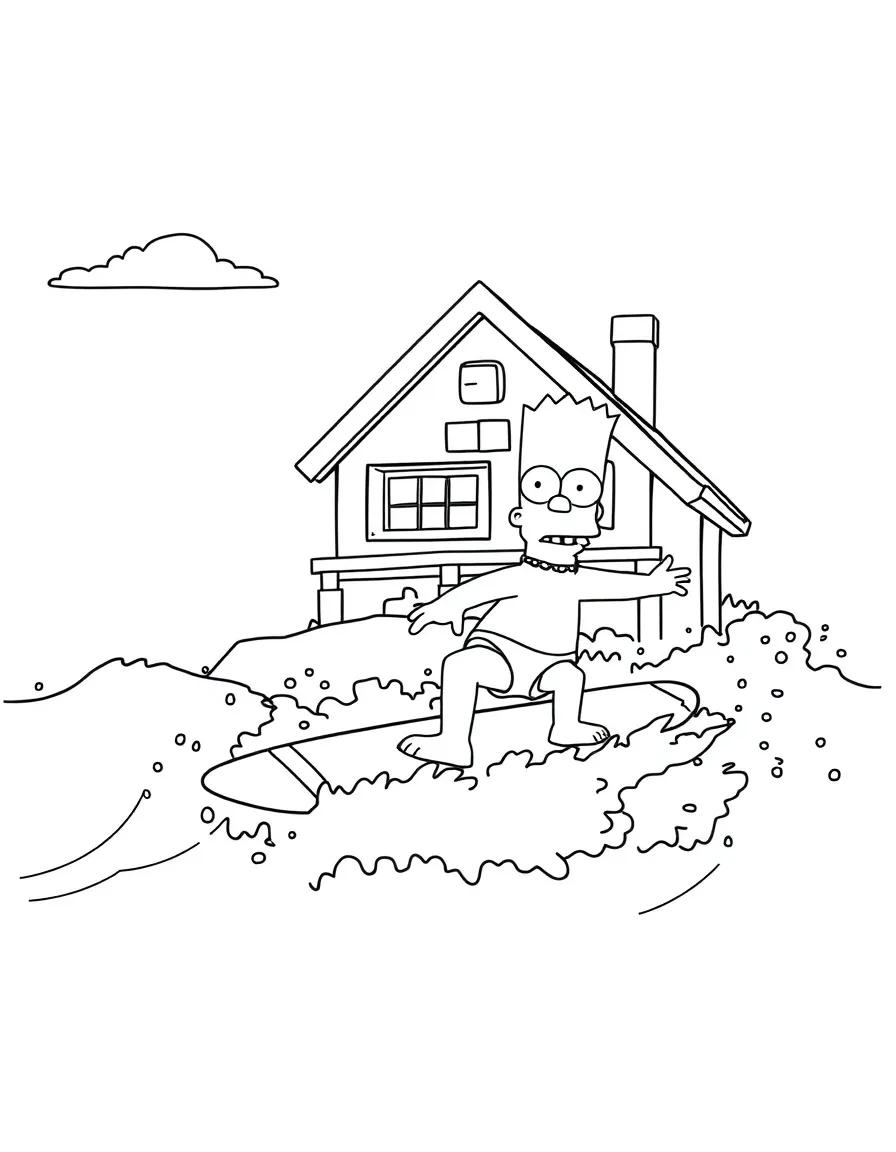 Simpsons surfing on waves, in front of their famous house or scene.