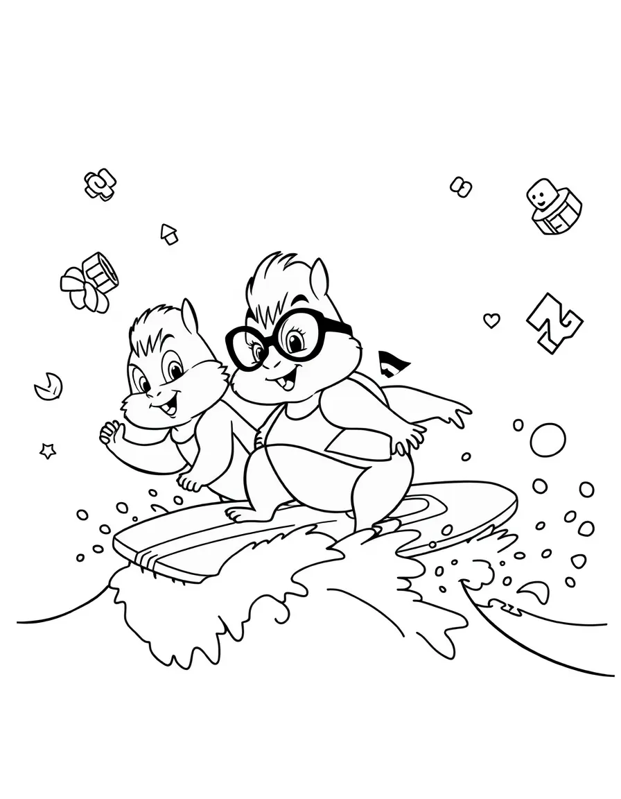 Alvin and the Chipmunks surfing on waves, with fun background elements.