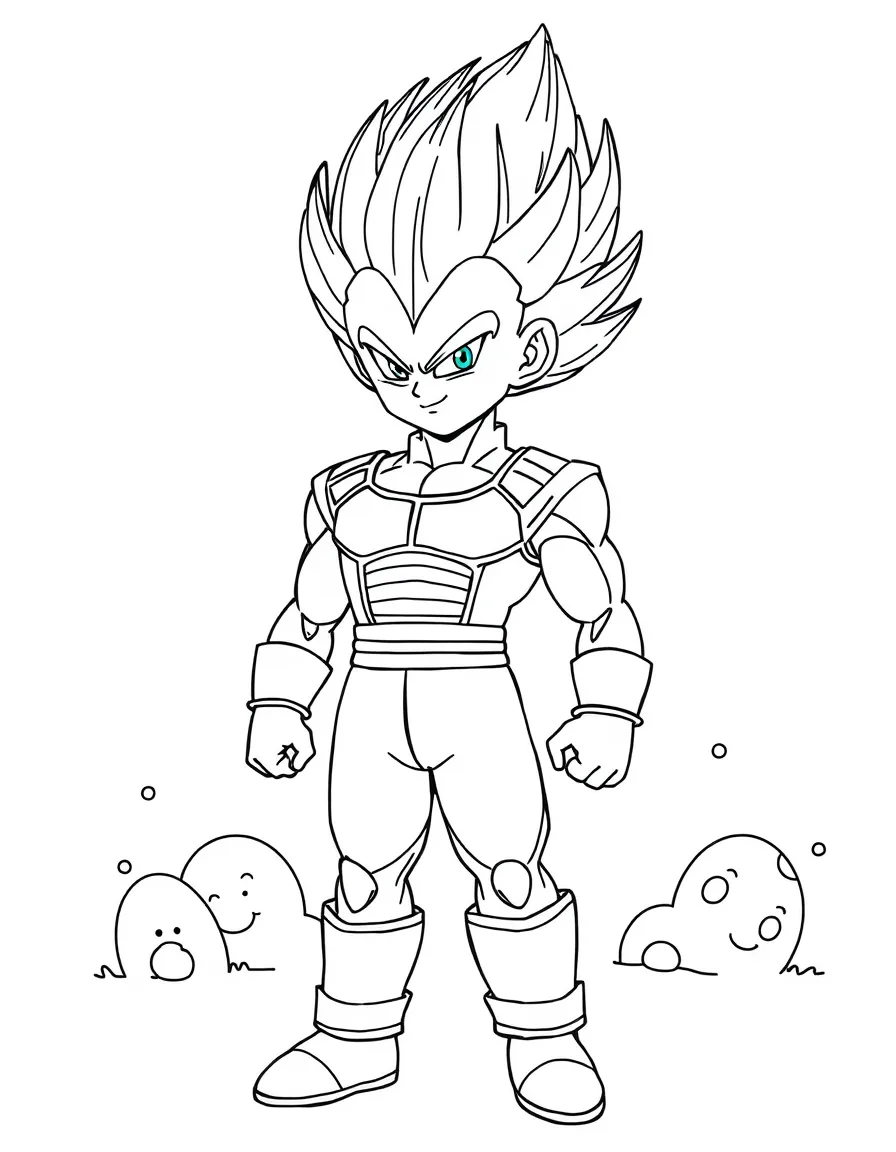 Vegeta wearing a superhero costume, with fun background elements.