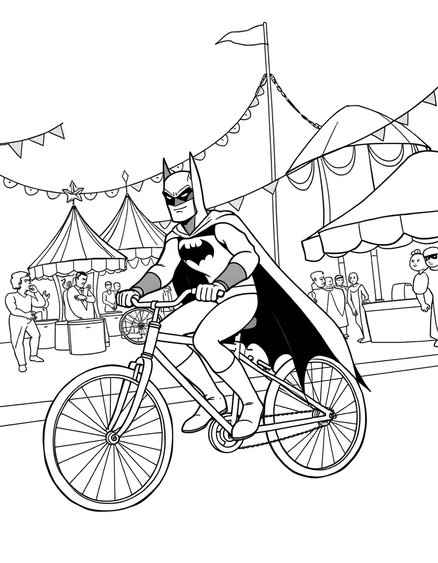 Batman: The Animated Series riding a bicycle, at a carnival with colorful decorations.
