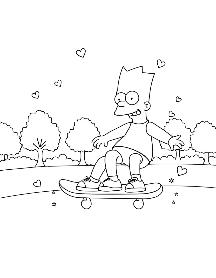 Simpsons skateboarding in the park, with hearts and sparkles around.