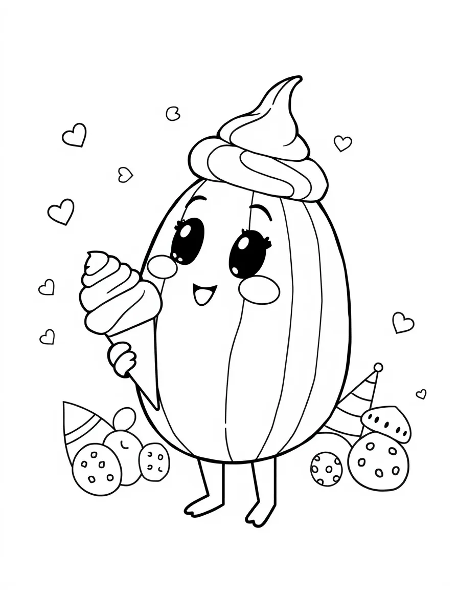 Cocomelon enjoying an ice cream cone, with fun background elements.