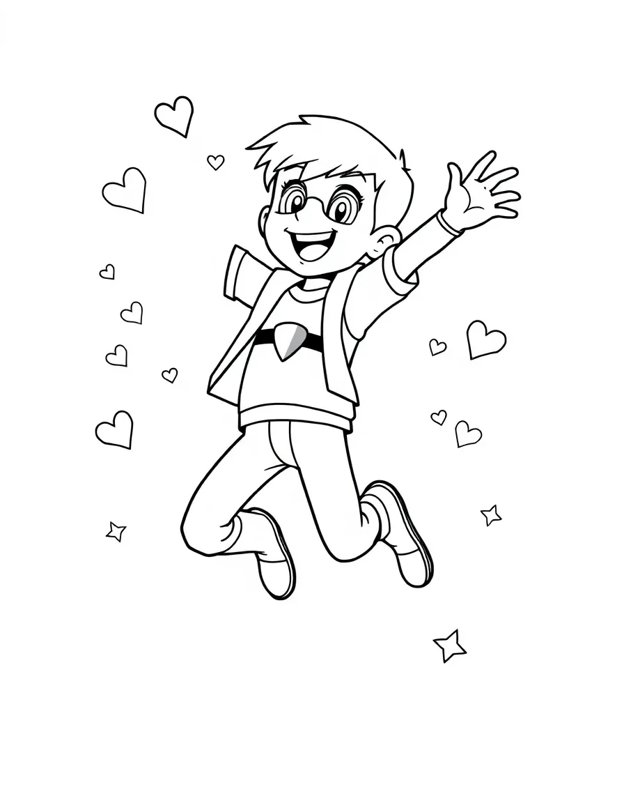 Ben 10 jumping with joy, with hearts and sparkles around.