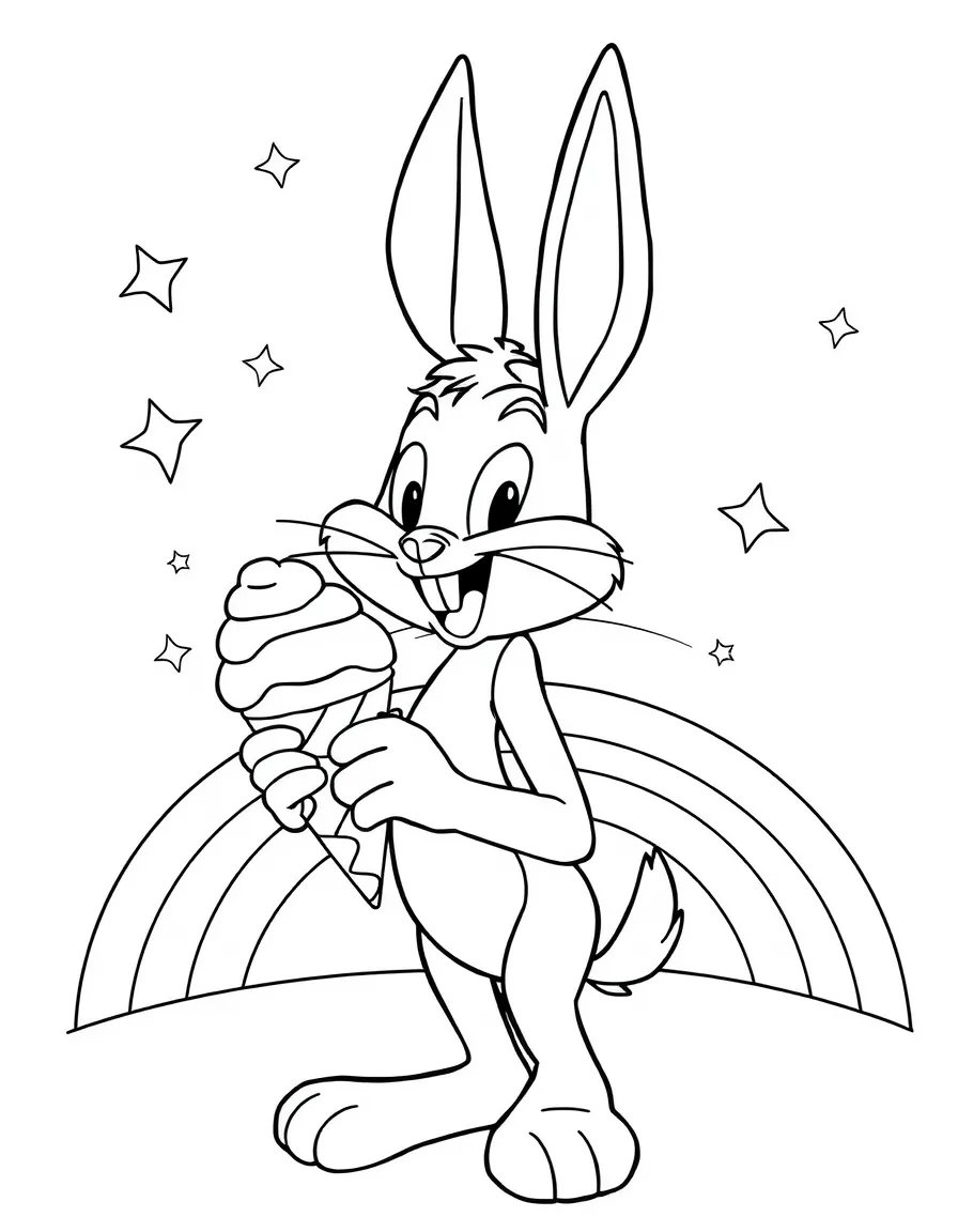 Bugs Bunny enjoying an ice cream cone, with stars and rainbows in the background.