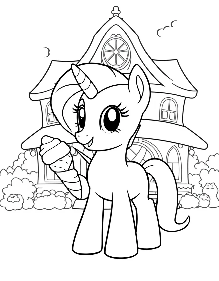 My Little Pony enjoying an ice cream cone, in front of their famous house or scene.