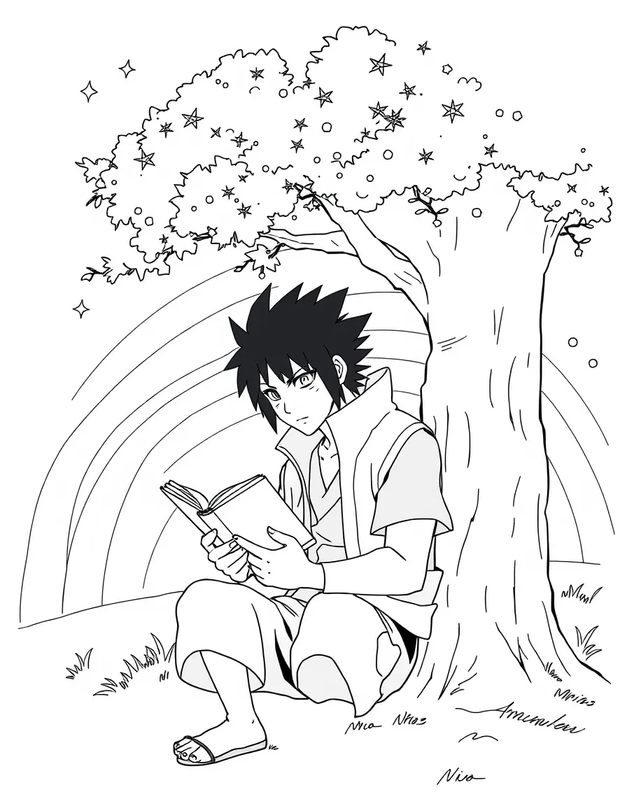 Sasuke reading a book under a tree, with stars and rainbows in the background.