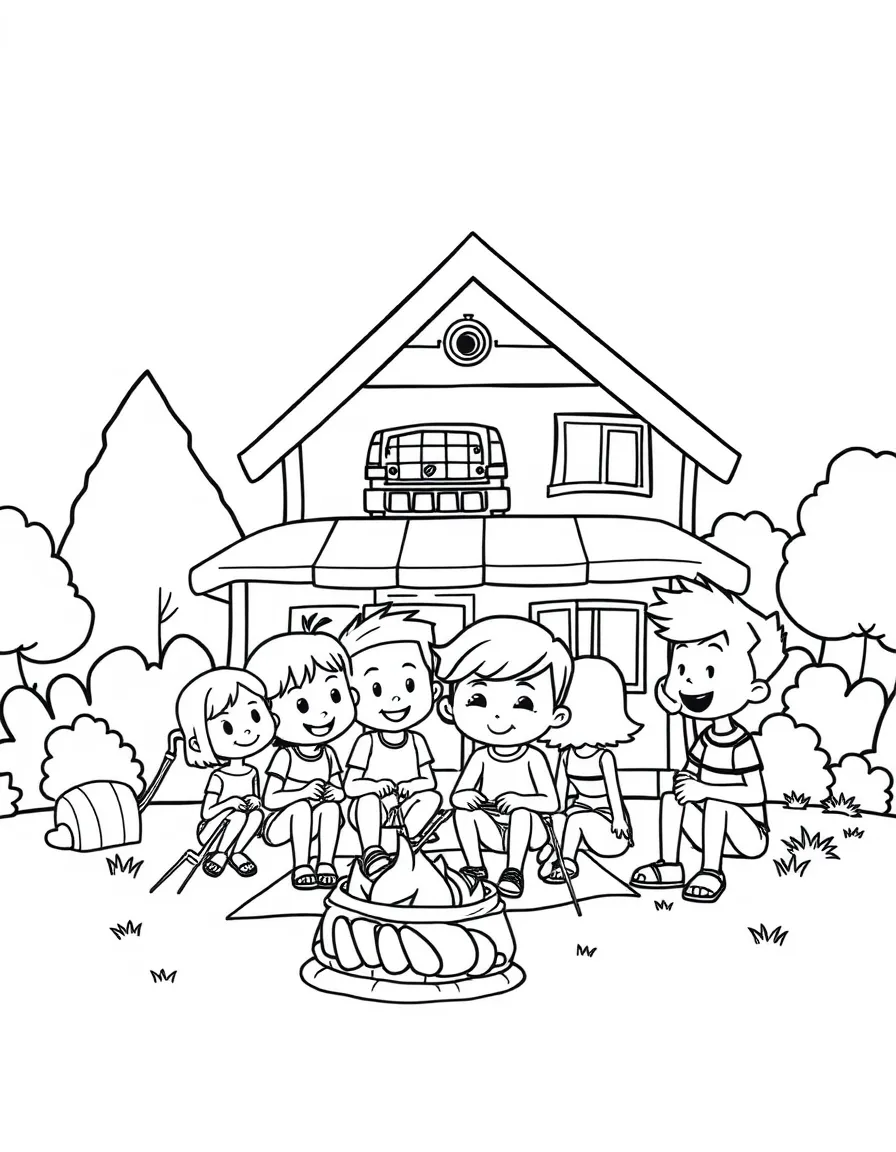 The Loud House camping with friends, in front of their famous house or scene.